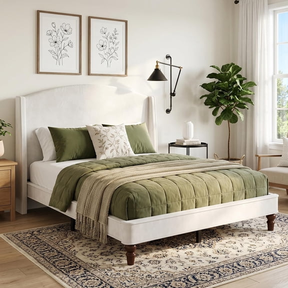 4 Ever Winner California King Size Bed frame with Headboard, Boucle Upholstered Bed Frame, Wood Slat Support, No Box Spring Needed, Easy Assembly, White