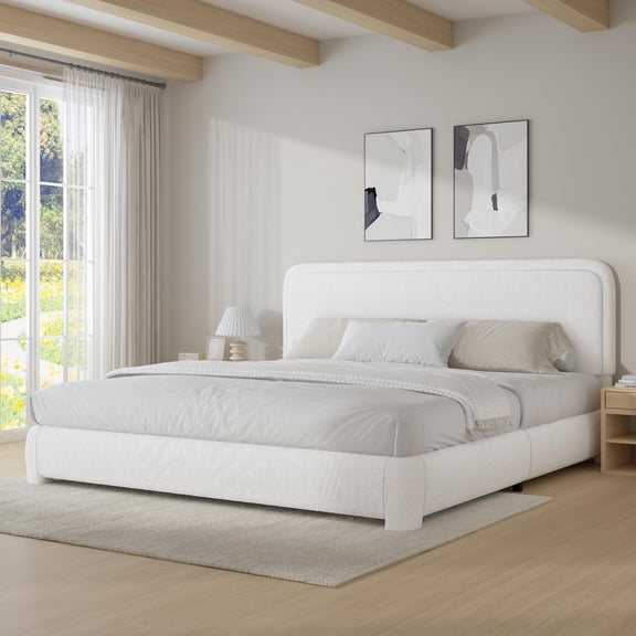 4 Ever Winner California King Size Bed frame with Headboard, Boucle Upholstered Bed Frame, Wood Slat Support, No Box Spring Needed, Easy Assembly, White
