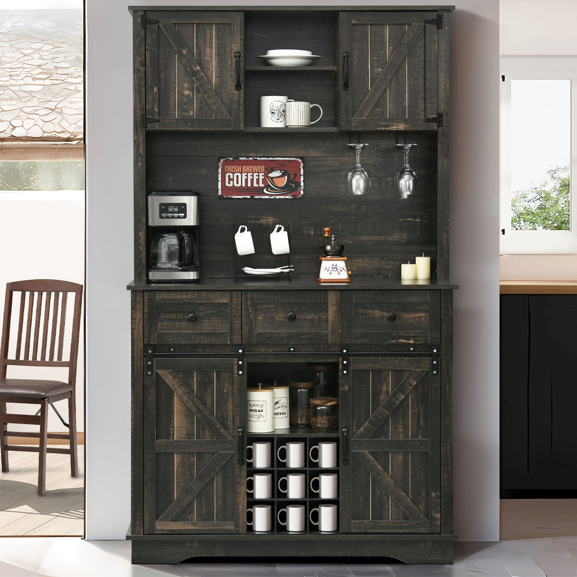 4 Ever Winner Coffee Bar Cabinet Farmhouse Rustic Oak Sliding Barn ...