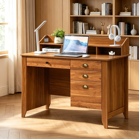 4 Ever Winner Computer Desk, 47.5 in Wood Home Office Desk with Hutch and 4 Drawers, Monitor Stand, Rustic Brown