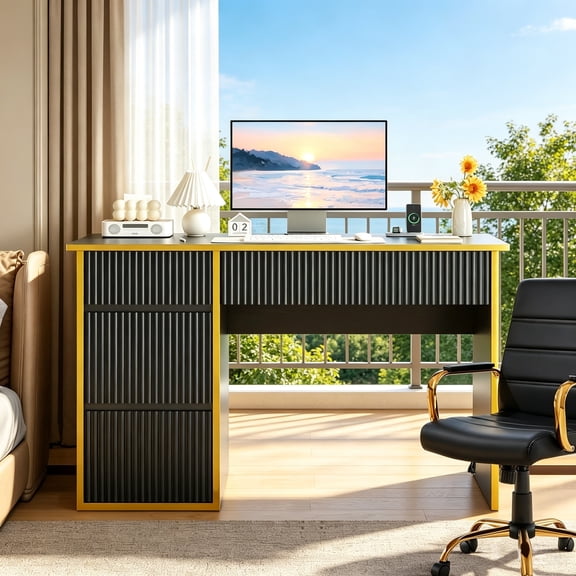 4 Ever Winner Computer Desk with 4 Storage Drawers, Home Office Desk with Storage, Writing Desk for Study, Modern Writing Table, Black and Gold Desk