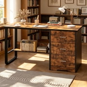 4 Ever Winner Computer Desk with Drawers, Home Office Desk with Shelves, Study Writing Desk for Home Office Study, Black
