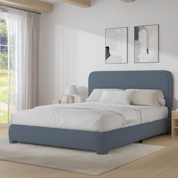 4 Ever Winner Full Size Bed frame with Headboard, Boucle Upholstered Bed Frame, Wood Slat Support, No Box Spring Needed, Easy Assembly, Blue
