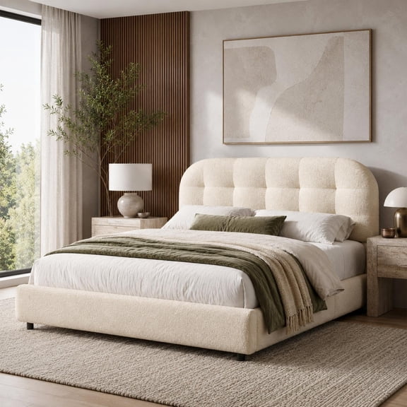 4 Ever Winner Full Size Bed frame with Headboard, Boucle Upholstered Bed Frame, Wood Slat Support, No Box Spring Needed, Easy Assembly, Cream