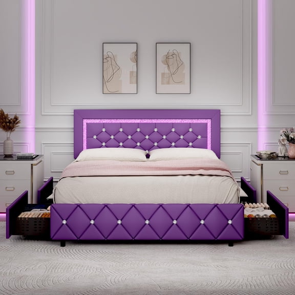 4 Ever Winner Full Size Bed frame with Headboard, Faux Leather Upholstered Bed Frame, Wood Slat Support, No Box Spring Needed, Easy Assembly, Purple