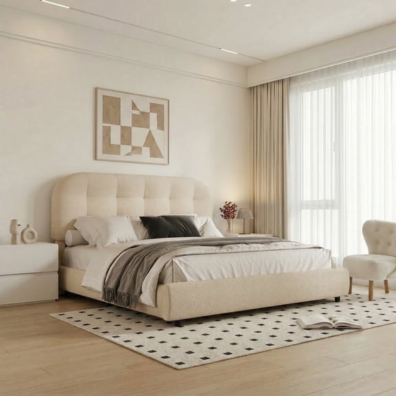4 Ever Winner Full Size Boucle Upholstered Platform Bed Frame, Cloud Bed with Soft Rounded Corner Headboard, No Box Spring Needed, Noise-Free, Easy Assembly, Cream