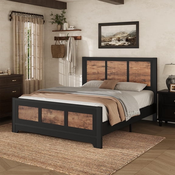 4 Ever Winner Full Size Farmhouse Platform Bed Frame with Headboard & Footboard, Vertical Stripe Wood Panel Design, Wood Slat Support, No Box Spring Needed, Rustic Brown