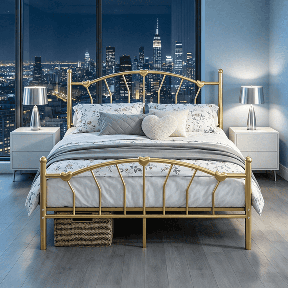 4 Ever Winner Gold Queen Size Bed Frame, Heart Headboard Footboard Design, 800lbs Sturdy Support & Underbed Storage