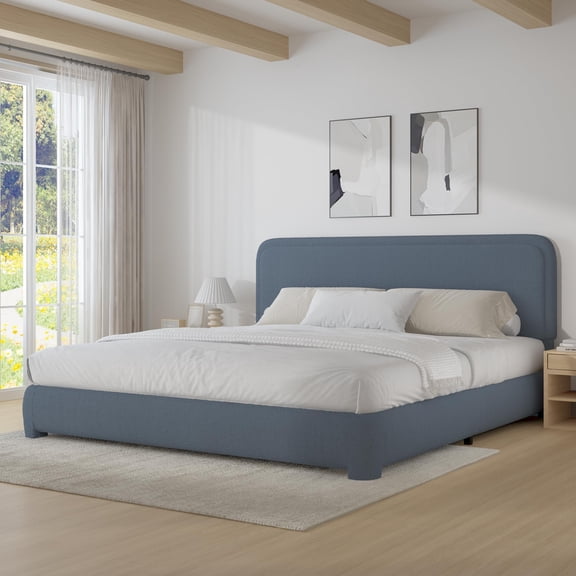 4 Ever Winner King Size Bed frame with Headboard, Boucle Upholstered Bed Frame, Wood Slat Support, No Box Spring Needed, Easy Assembly, Blue