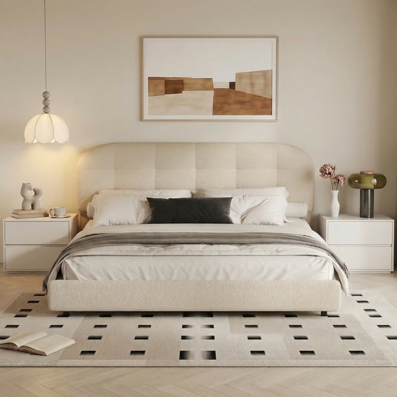 4 Ever Winner King Size Boucle Upholstered Platform Bed Frame, Cloud Bed with Soft Rounded Corner Headboard, No Box Spring Needed, Easy Assembly, Cream