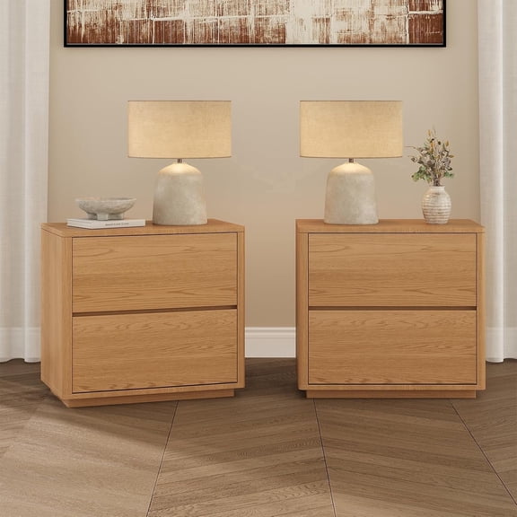 4 Ever Winner Natural Oak Nightstand Set of 2, 26 Inch Curved Night Stand with 2 Drawers, Wood End Table for Bedroom Living Room