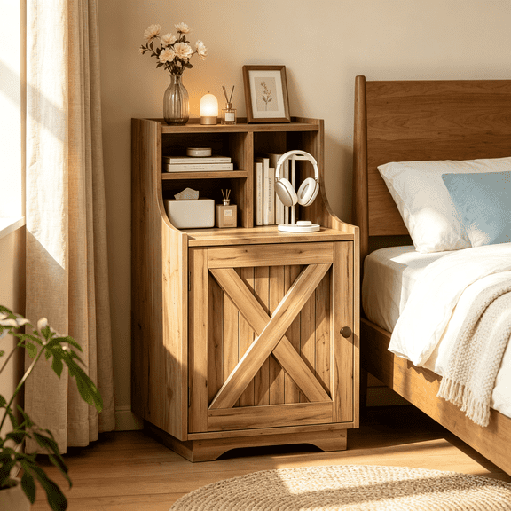 4 Ever Winner Oak 30 Inch Nightstands, wooden bedside table with hutch storage, versatile side furniture fit for bedroom, living room and office use