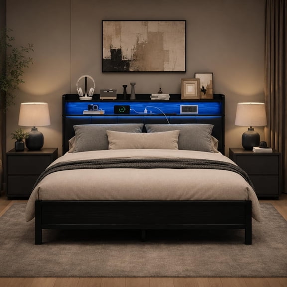 4 Ever Winner Queen Bed Frame with LED Lights and Charging Station, Upholstered Storage Headboard, Queen Metal Platform Bed Frame with Metal Slats, No Box Spring Needed, Easy Assembly, Dark Grey