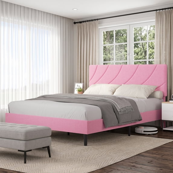 4 Ever Winner Queen Bed Frame, Queen Size Upholstered Bed Frame with Headboard, Pink