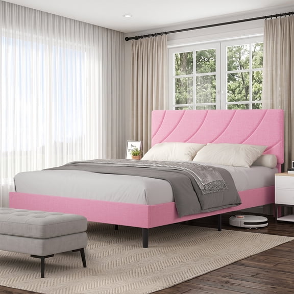 4 Ever Winner Queen Bed Frame, Queen Size Upholstered Bed Frame with Headboard, Pink