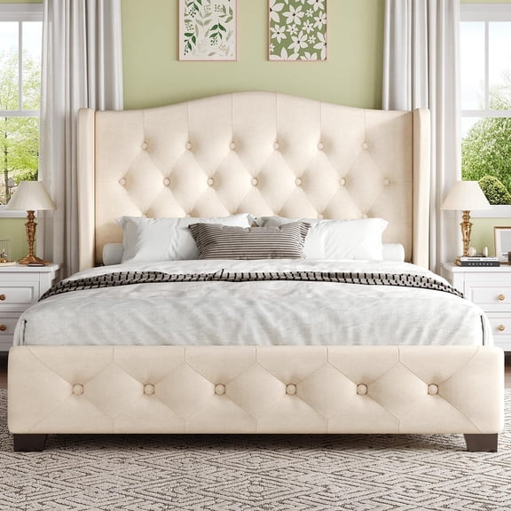 4 Ever Winner Queen Bed Frame with Tufted Headboard, Velvet Upholstered Bed Frame Queen Size, Curved Wingback Design, Wooden Slats Support, Easy Assembly, No Box Spring Needed, Noise-Free, Beige
