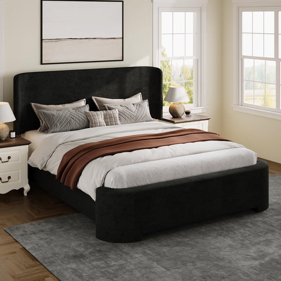 4 Ever Winner Queen Size Black Velvet Bed Frame, Curved Upholstered Platform Bed with Wingback Headboard, Heavy Duty Quiet Bed Frame, No Box Spring Required, Modern Bedroom Bed, Black