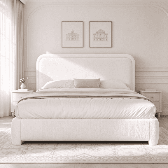 4 Ever Winner Queen Bed Frame, Cloud Boucle Headboard, Rounded Corners, Cream