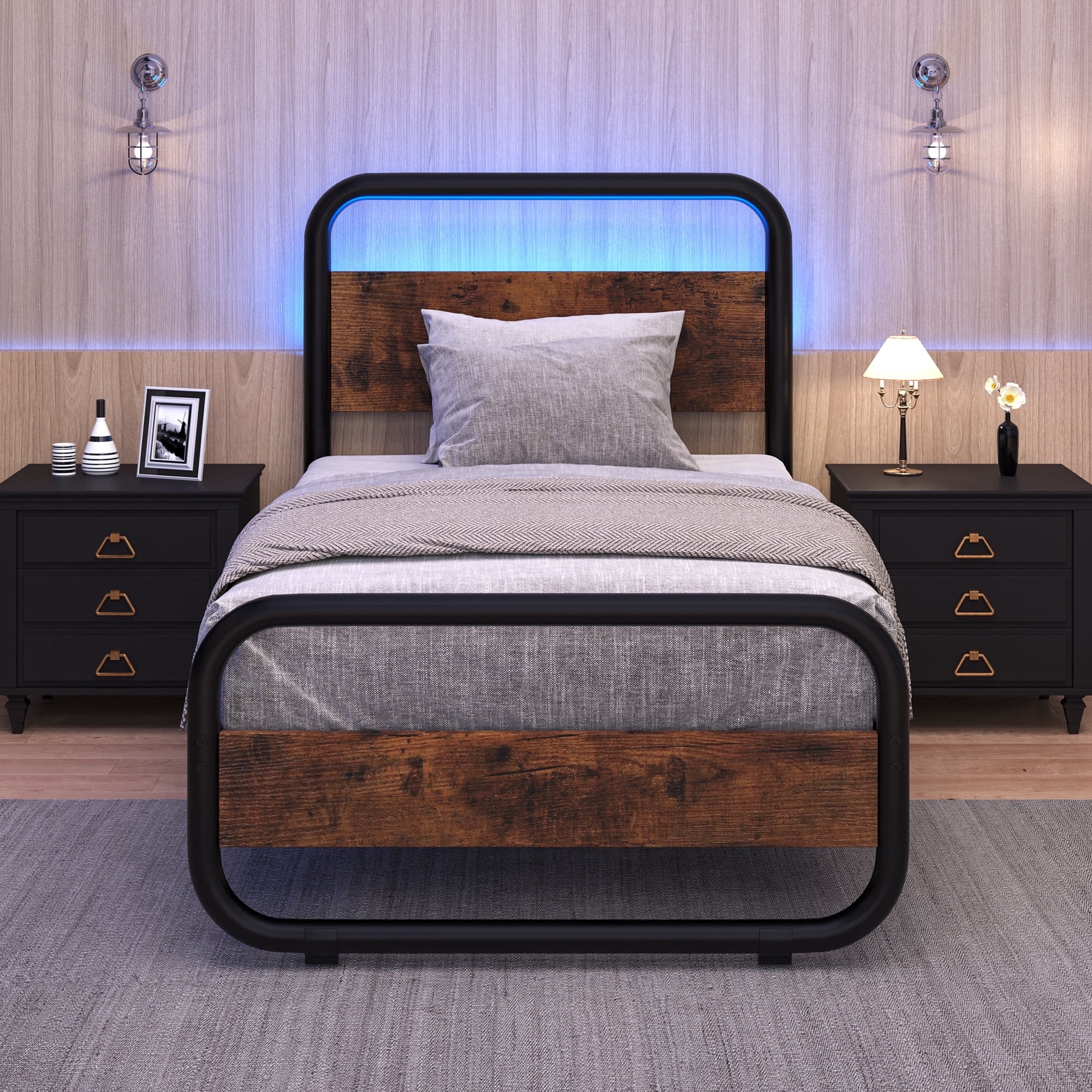 Rustic Custom Beds 4 EVER WINNER Twin Size LED Bed Frame, Rustic Wood Headboard, Iron ...