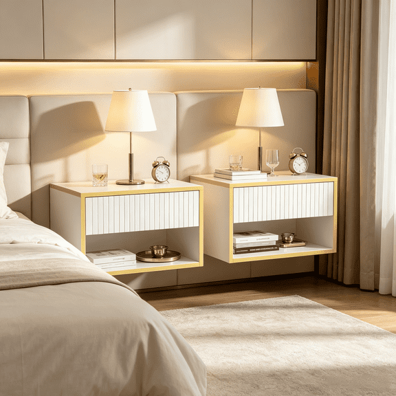 4 Ever Winner Set of 2 White & Gold Floating Nightstands, Wall Mounted Bedside Table with Drawer & Open Shelf for Bedroom