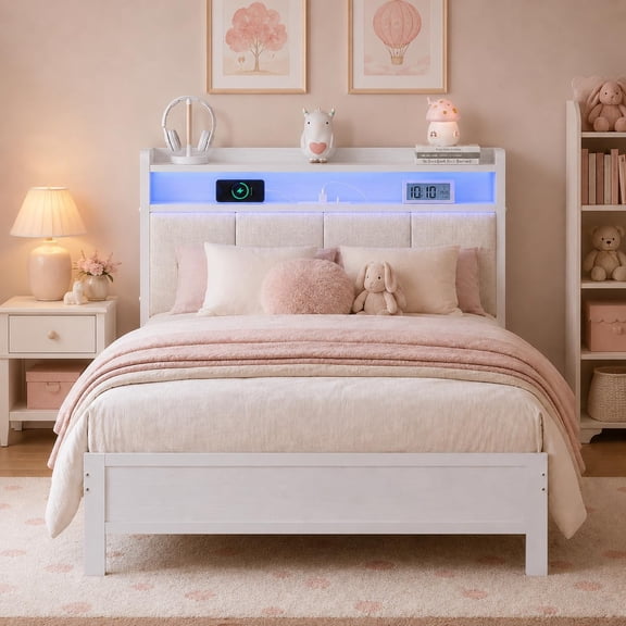 4 Ever Winner Twin Bed Frame with LED Lights and Charging Station, Upholstered Storage Headboard, Metal Platform Twin Bed Frames with Metal Slats, No Box Spring Needed, Easy Assembly, White