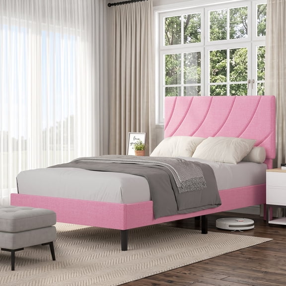 4 Ever Winner Twin Upholstered Platform Bed Frame with Adjustable Headboard, Pink