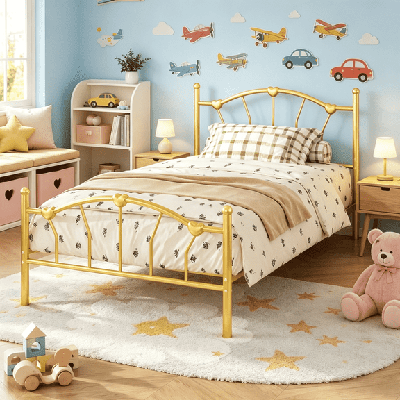 4 Ever Winner Twin Metal Bed Frame, Gold Heart-Shaped Headboard, 12.5in Storage, 600lbs Support, No Box Spring Needed