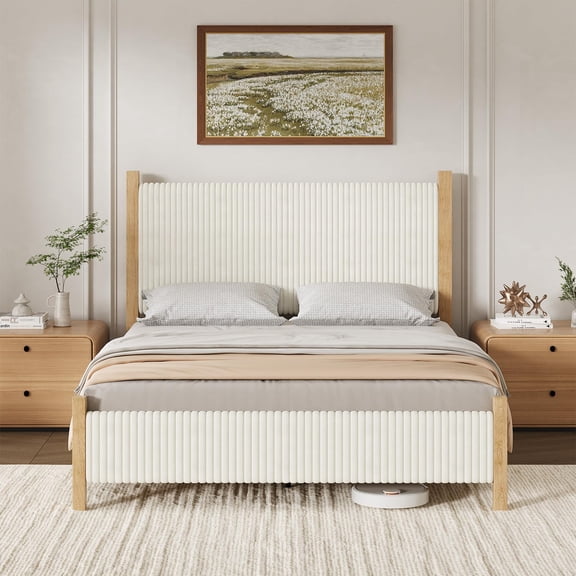 4 Ever Winner Twin Size Bed frame with Headboard, Boucle Upholstered Bed Frame, Wood Slat Support, No Box Spring Needed, Easy Assembly, Beige