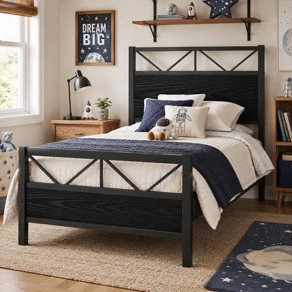 4 Ever Winner Twin Size Bed frame with Headboard, Metal Upholstered Bed Frame, Wood Slat Support, No Box Spring Needed, Easy Assembly, Black