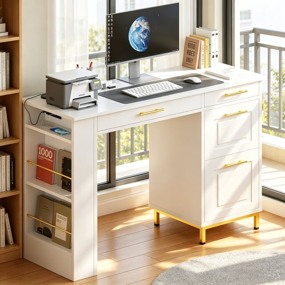 4 Ever Winner White Desk with 4 Drawers, 47 Inch Computer Desk with File Drawer and Power Outlets, Home Office Desk with Storage, Makeup Vanity Desk Dressing Table, White and Gold