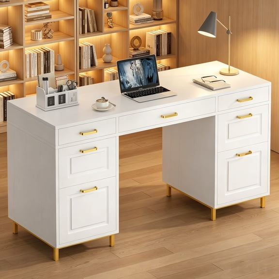 4 Ever Winner White Desk with 7 Drawers, White and Gold Desk with Storage, 57" Executive Desk with File Drawers, White