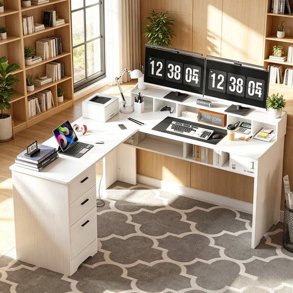 4 Ever Winner White L Shaped Desk with Drawers, 60 Inch Corner Computer Desk with Power Outlet and USB Ports, Wooden Home Office Desk with File Cabinets, White