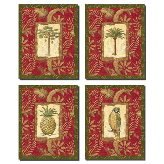 4 Exotic Palm Tree Tropical Island Art Prints Pineapple Parrot Beach Décor; Four Mounted 8x10-Inch Mounted Fine Art Prints; Ready to hang! Red/Green/Brown