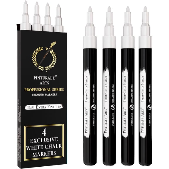 4 Extra Fine Tip White Chalk Markers | 1mm Tip | For Windows, Blackboard, Dry Erase Board, Chalkboards, Glass, Easy Erase | White Chalk Pens Fine Tip