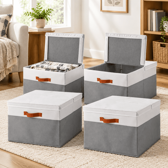 4 Extra Large Fabric Storage Bins With Lids, Stackable Organizer Cubes For Laundry Room