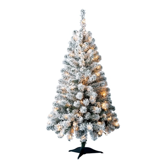 4 Greenfield Pine Prelit Green Flocked Artificial Christmas Tree with Warm White LED Lights, by Holiday Time