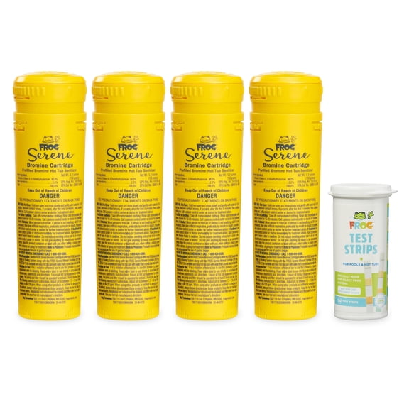 FROG Serene Bromine Cartridge Replacements with Hot Tub Test Strips - Hot Tub Cleaner & Sanitizer for Easy Maintenance - Tests pH & Water Hardness - 4 Pack & 50 Test Strips