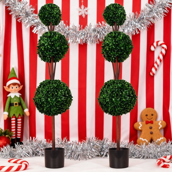 4 FT Artificial Ball Topiary Trees, Set of 2 Realistic Faux Outdoor Plants, Fake Trees with Simulation Tree Frame for Indoor Outdoor Front Porch Decor