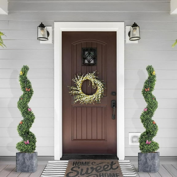 4 FT Artificial Boxwood Spiral Topiary Trees, 2 Pcs Outdoor Faux Plants with Insect Decoration, Evergreen Artificial Plants Outdoor for Christmas Decorations, Indoor, Porch, Garden