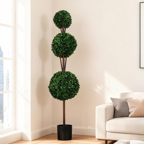 4 FT Artificial Boxwood Topiary Ball Tree, Set of 2 Outdoor Indoor Realistic Faux Shrubs Plants, Artificial Boxwood Topiary with Simulation Tree Frame Decor