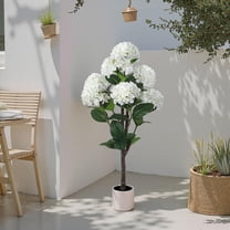 4 FT Artificial Hydrangea Tree- Large Faux Hydrangea Plants Indoor Outdoor，Fake Flower Trees with White Tall Planter for Home Garden,Front Decor