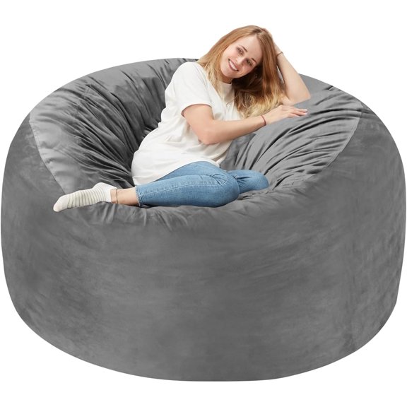 4 FT Bean Bag Chair: 4' Bean Bags with Memory Foam Filled, Large Beanbag Chairs Soft Sofa with Dutch Velvet Cover-Grey
