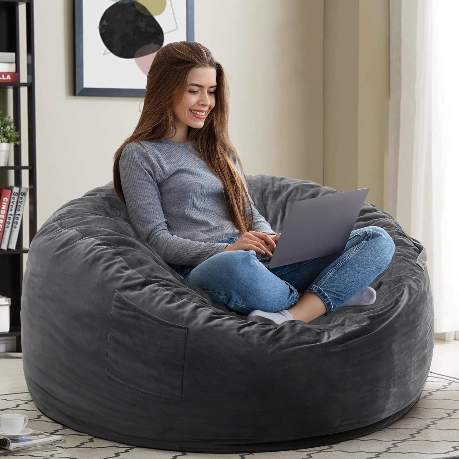 4 FT Bean Bag Chair for Adults, Teens, or Kids, Adult Size Beanbag Chair, Luxurious Memory Foam Filling, Washable Velvet Cover, Perfect for Living Room, Den, Bedroom, or Dorm, Dark Grey