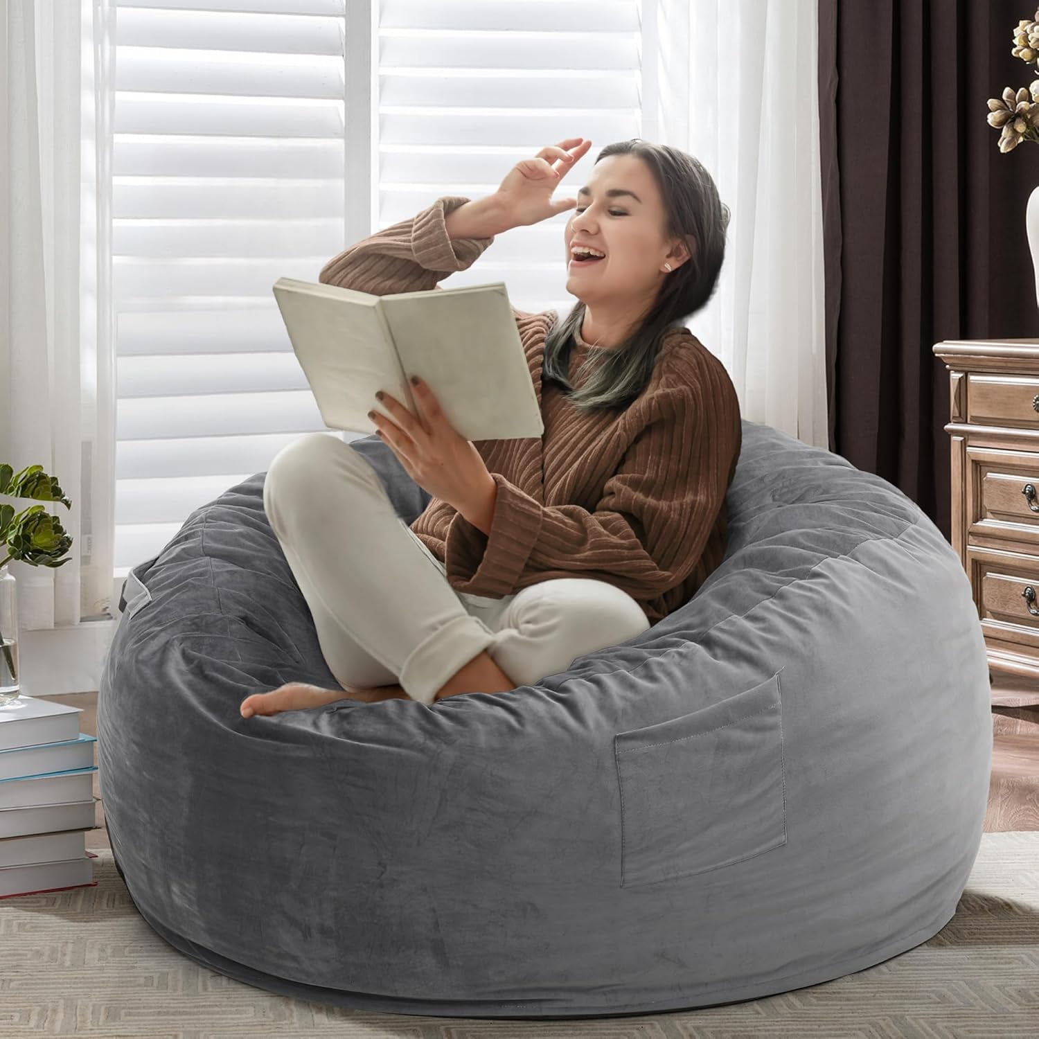 4 FT Bean Bag Chair for Adults, Teens, or Kids, Adult Size Beanbag Chair, Luxurious Memory Foam Filling, Washable Velvet Cover, Perfect for Living Room, Den, Bedroom, or Dorm, Light Grey