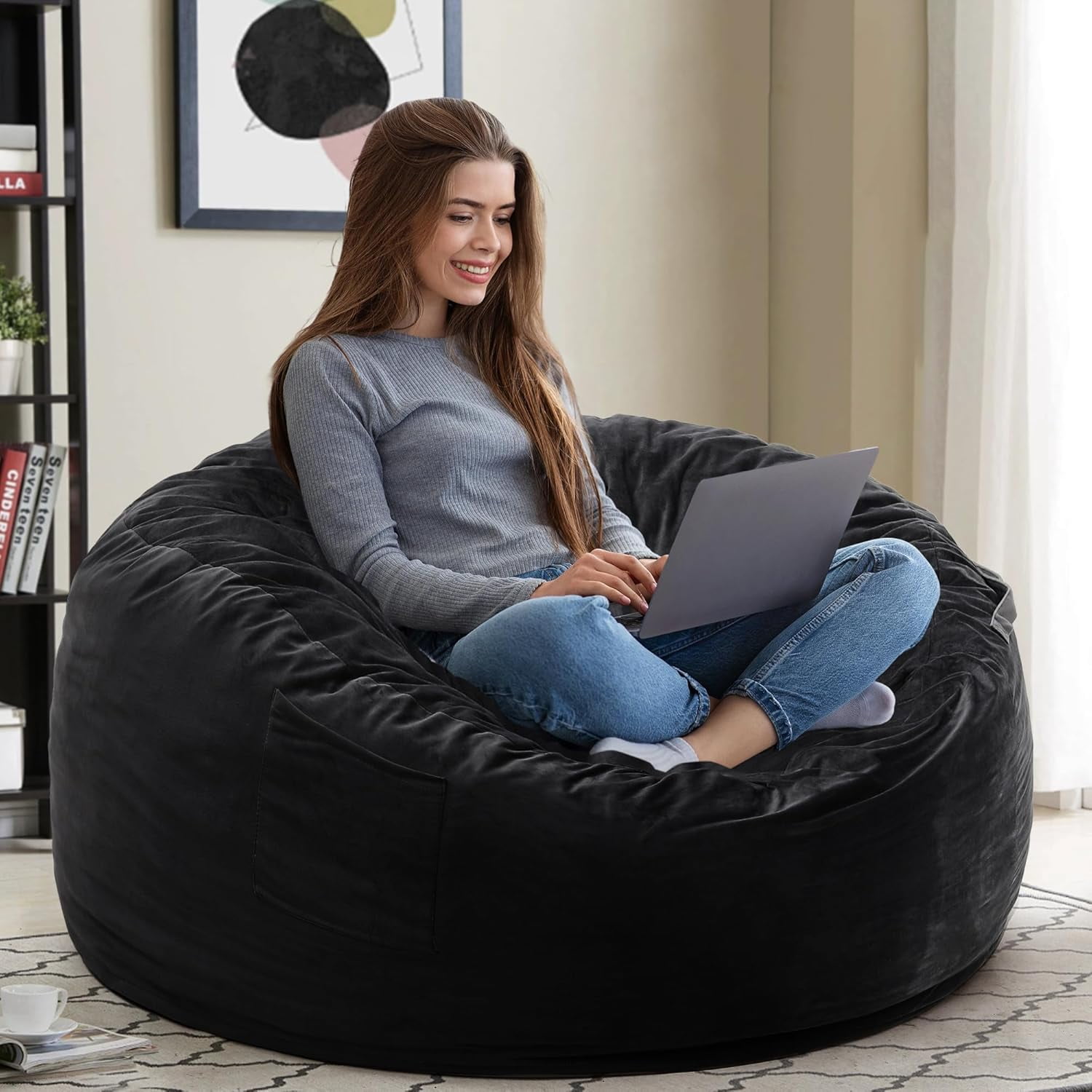 4 FT Bean Bag Chair for Adults, Teens, or Kids, Adult Size Beanbag Chair, Luxurious Memory Foam Filling, Washable Velvet Cover, Perfect for Living Room, Den, Bedroom, or Dorm, Black