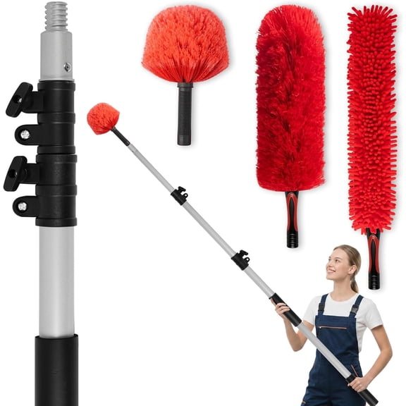 4 FT Duster with Extension Pole, 8 FT High  Ceiling Fan Cleaner Duster for , 2.5-4 FT Extendable Pole with 3 count Dusting Tools, Cobweb Duster,  Dusters, Ceiling Fan Duster