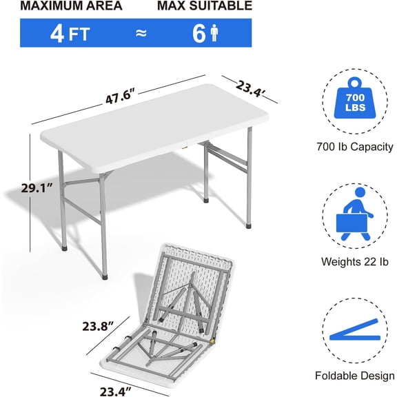 4 FT Foldable Table, Heavy Duty Plastic Folding Table with Lock & Carrying Handle, 700 lbs Capacity Portable White Dining Table for Camping, Parties, Picnics & Indoor/Outdoor Events
