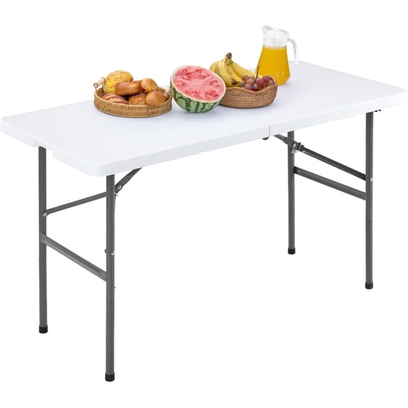 4 FT Folding Table Plastic Portable Fold-in-Half Table Heavy Duty for Camping Picnic Dining Party Kitchen Outdoor Indoor with Carrying Handle