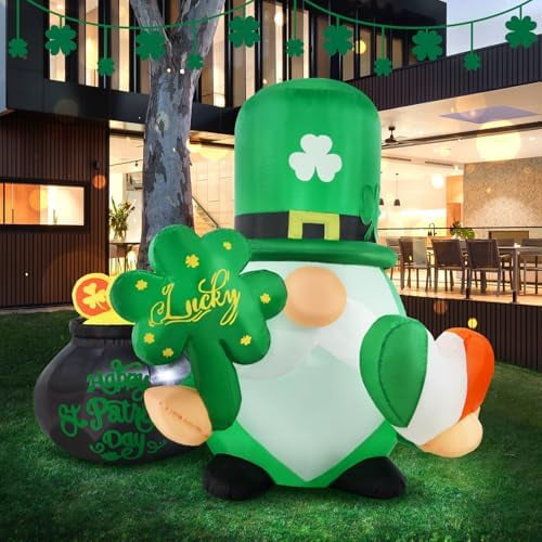 4 FT Inflatables Patricks Day Gnome with Shamrock St Patricks Day Inflatables LED Lighted Blow Up Decorations for Yard, Porch, and Party Decor$$Garden & Patio