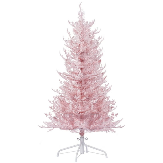 4 FT Pink Prelit Flocked Christmas Tree, 472 PE&PVC Tips Artificial Xmas Tree, 8 Lighting Modes 150 LED Pink Tree Flame Retardant, Hinged Design, Foot Pedal Switch for Home Office Decoration